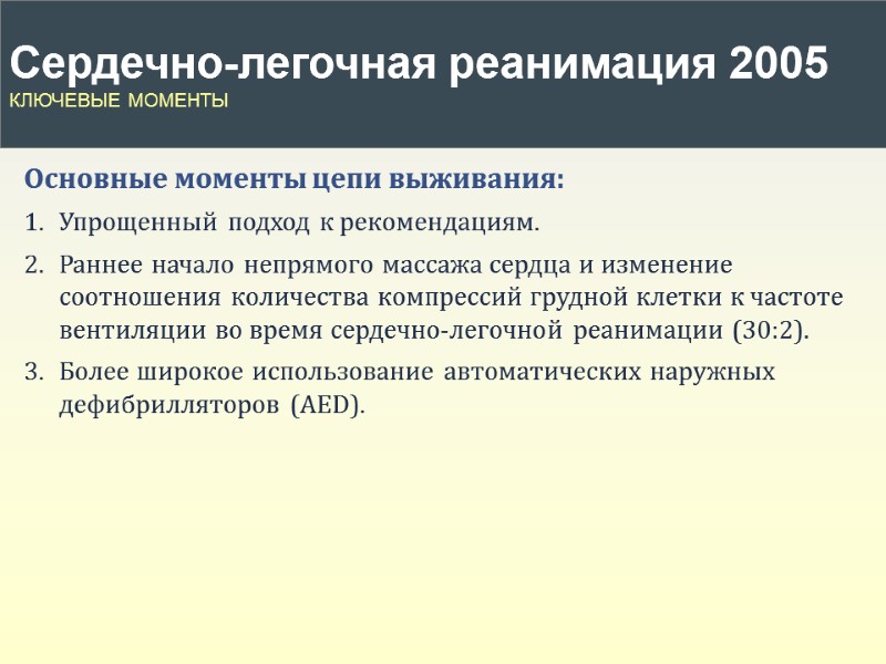 Основные моменты цепи выживания: Упрощенный подход к рекомендациям. Раннее начало непрямого массажа сердца и